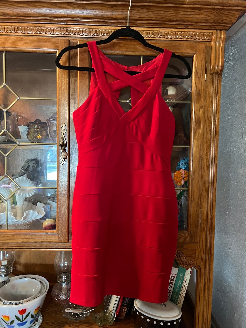 Red Crisscross Neck Mini Dress - Women's